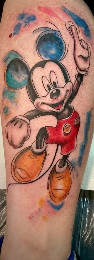 New school watercolour Mickey Mouse colour tattoo, N9 Tattoo Studio, Edmonton
