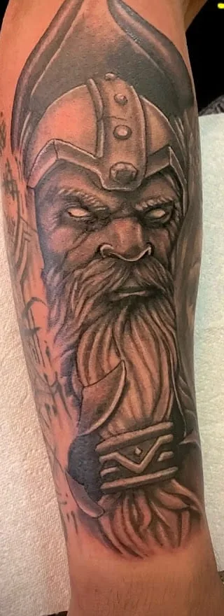 Colour Viking warrior portrait tattoo, N9 Tattoo Studio, Edmonton, North London